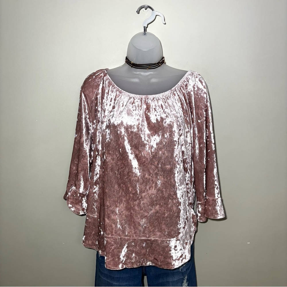Zac & Rachel Blush Pink Crushed Velvet Bell Sleeve Blouse Top LP Petite Boho